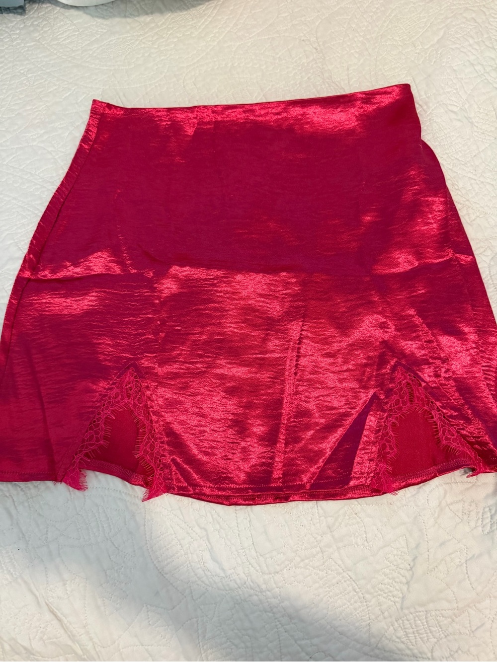Red Satin Lace-Trim Mini Skirt - Picture 1 of 6